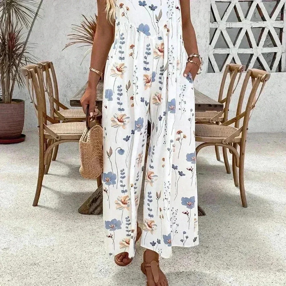 Multicolor White Boho Women's Summer Loose Printed Spaghetti Strap Jumpsuit - Picture 7 of 7
